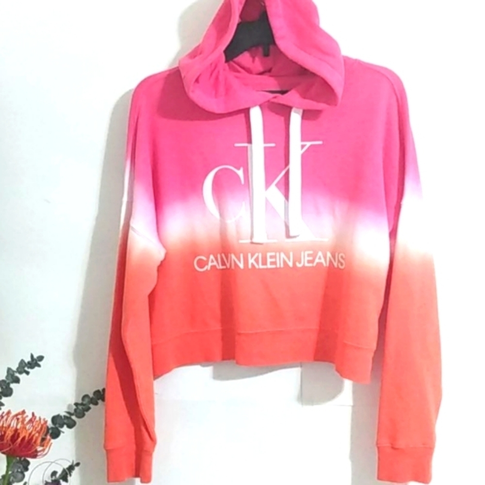 CALVIN KLEIN JEANS CROP HOODIE - Pink and Orange Colorblock - SIZE Small NWT